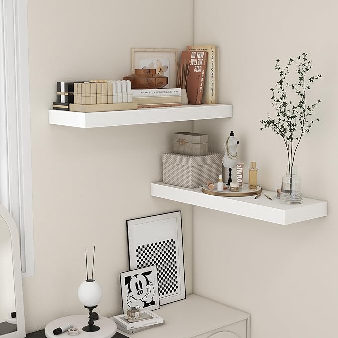 Deep Floating Shelves | 36 Inch White Floating Shelves Set of 2 | 12 Inch Deep Rustic Wood Shelves for Wall | 36" W x 12" D White Shelves for Living Room Bathroom Laundry Room Kitchen