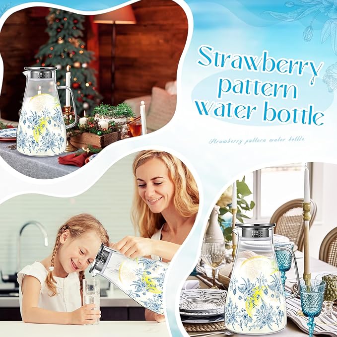 Domensi 74 oz / 2200 ml Glass Pitcher with Lid Water Pitcher with Handles Beverage Water Jar Glass Jug Hot and Cold Resistant Carafe for Tea Juice Milk Coffee Iced Beverage(Retro Flowers)