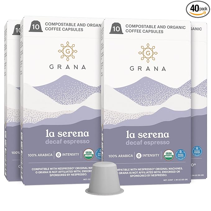 G GRANA Decaf Coffee Pods, Compatible with Nespresso OriginalLine, 40 Count, Dark Roast, Decaffeinated, USDA Organic 100% Arabica Single Source Specialty Coffee, Compostable Single Serve Capsules