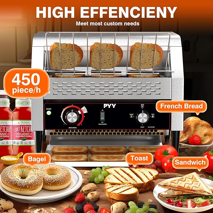 PYY 450 Slices/Hour Commercial Conveyor Toaster - Heavy Duty Stainless Steel Electric Belt Toaster for Bun/Bagel/Bread, Restaurant & Buffet Use