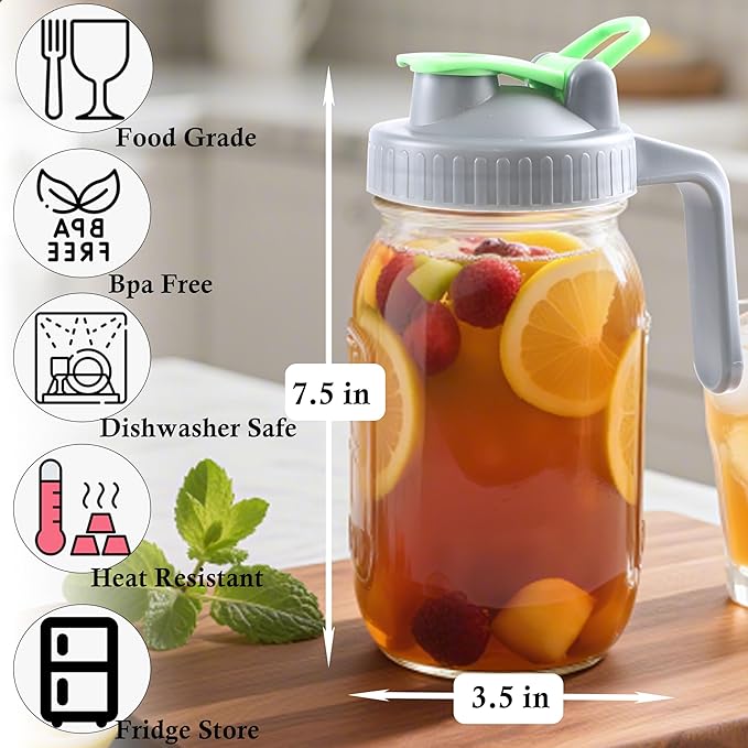 Mason Jar Pitcher With Pour Lid 32 Oz Glass Breast milk Storage Jug 1 Quart Wide Mouth Glass Tea Pitcher With Handle Creamer Container For Fridge Juice, Cold Brew Coffee,Lemonade,Beverage 2 Set