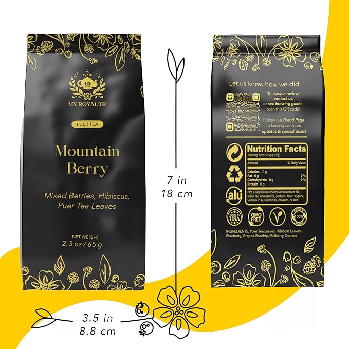 MyRoyalte Mountain Berry Puerh Tea Organic - Hibiscus Loose Leaf Tea With Blueberries, Grapes, Mulberries - Pu'er Tea Gift Idea for Tea Lovers - 3 oz