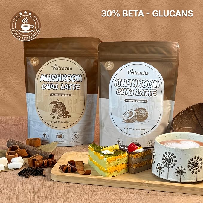 Veltracha Mushroom Chai Tea, Instant Decaf Chai Tea Powder with 6 Adaptogenic Mushrooms, Spiced Chai Latte for Energy & Focus Support, 6.35 oz 20 Servings (Classic Cocoa)
