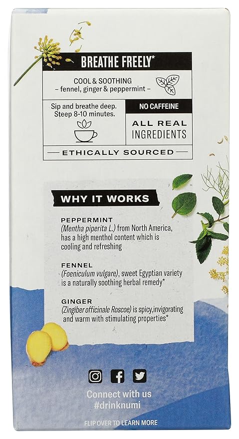 Numi Organic Congest Away Herbal Tea 16 Tea Bags Caffeine‑Free Blend with Fennel Peppermint Ginger Cinnamon & Licorice for Cooling Soothing Respiratory Comfort