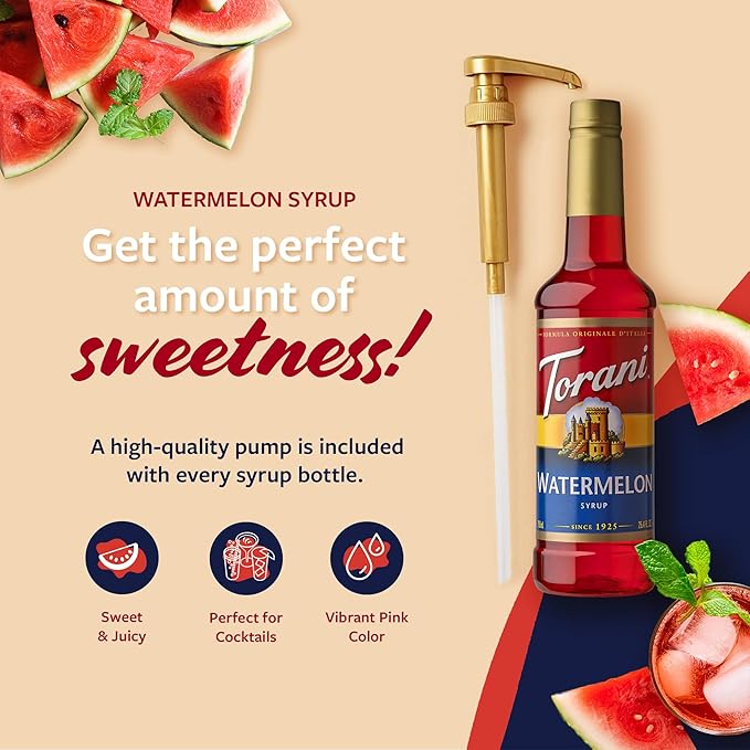 Torani Watermelon Syrup for Drinks, Flavoring for Sodas and Cocktails, Pump Included, 25.4 Oz