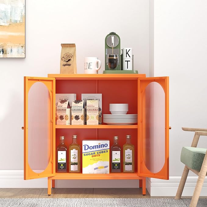 Small 2 Transparent Door Metal Storage Side Buffet Cabinet for Bed Room,Living Room,Entryway,Hallway,Home,Hotel,Office,Garage,Kitchen,1 Removable Shelf. (Transparent Door, Orange)