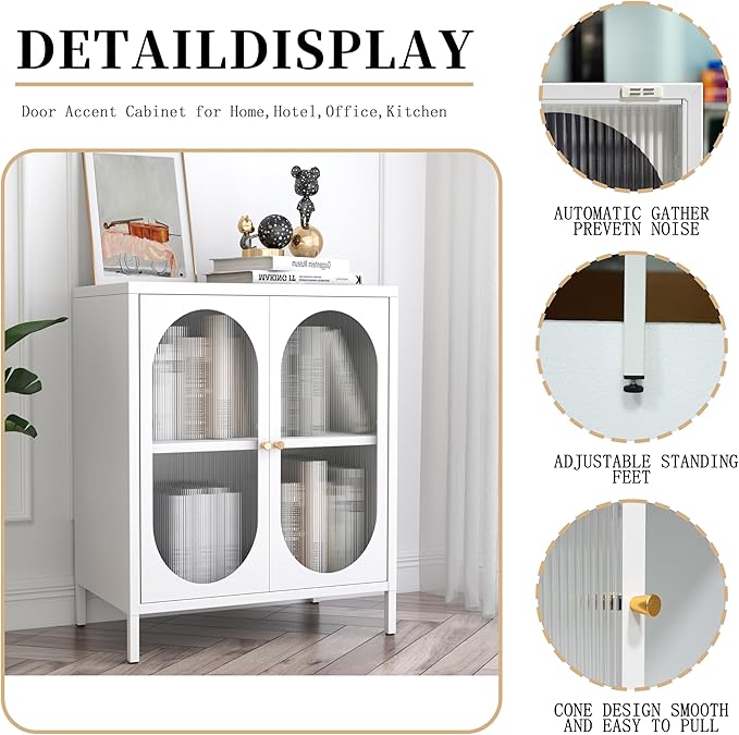 Small 2 Transparent Door Metal Storage Side Buffet Cabinet for Bed Room,Living Room,Entryway,Hallway,Home,Hotel,Office,Garage,Kitchen,1 Removable Shelf. (Transparent Door, White)