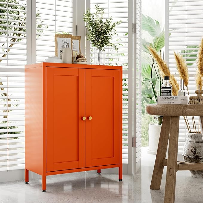 Small Bathroom Storage Cabinet, Orange Metal Locker with 2 Doors and 2 Adjustable Shelves, Small Locker Cabinet Sideboard for Home Office, Living Room, Hallway, Entryway