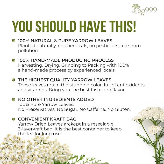 TOG999, Yarrow Tea Leaves 8oz | Premium Herbal Tea | Naturally Aromatic, Freshly Packed Loose Leaf Yarrow | Sustainably Sourced, Non-GMO, No Additives – Ideal for Daily Herbal Brewing