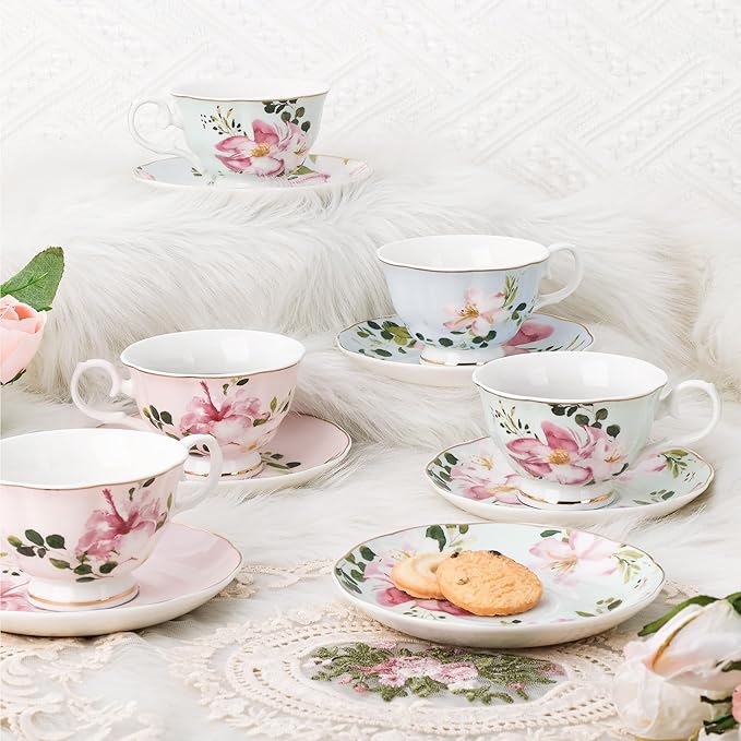fanquare 5-Ounce Floral Tea Cups and Saucers Set of 6, Assorted Pastel Flowers Porcelain Coffee Cup with Gold Trim, Dishwasher & Freezer Safe