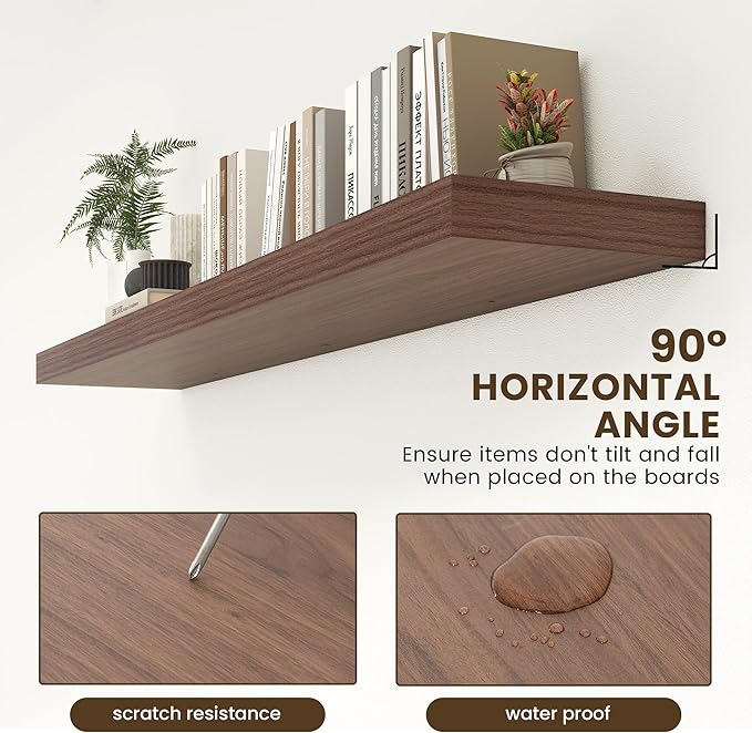 72 Inch Walnut Floating Shelf | 12 Inch Deep Floating Shelves Set of 1 | 72" D x 12" D Rustic Wood Shelves for Wall | Deep Walnut Shelves for Living Room Bathroom Laundry Room Kitchen