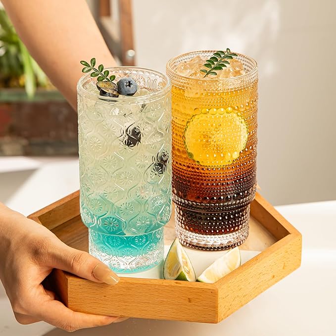 4 Pack Vintage Glassware Drinking Glasses Set, 16 oz Hobnail Glassware, Embossed Clear Water Tumbler, Cocktail Glass Cups for Kitchen and Bar, Perfect for Juice, Iced Coffee, Whiskey, Beer