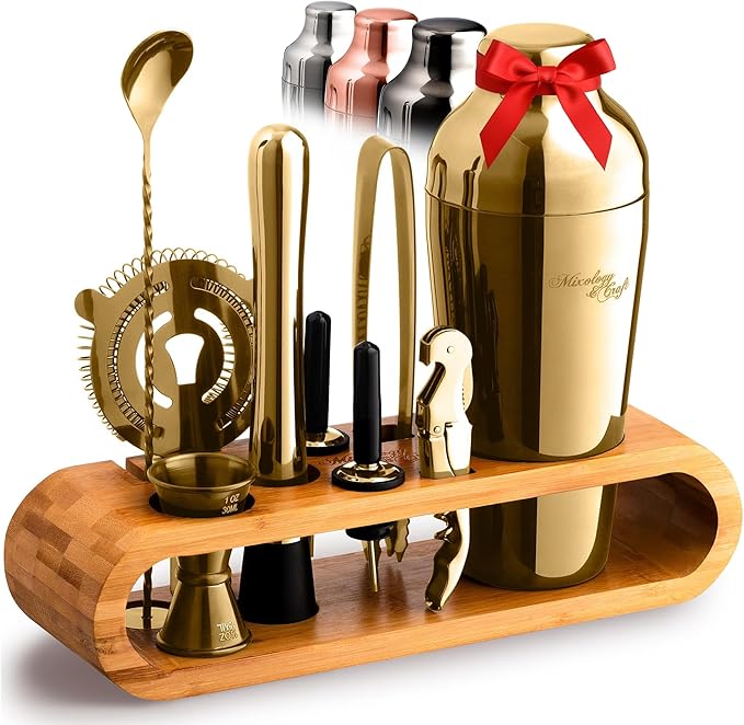 Mixology & Craft Cocktail Shaker Set: 10-Piece Bartender Kit with Stand | Complete at Home Bar Set with Bar Accessories | Great Housewarming Gift | Leak-Proof Design (Gold)