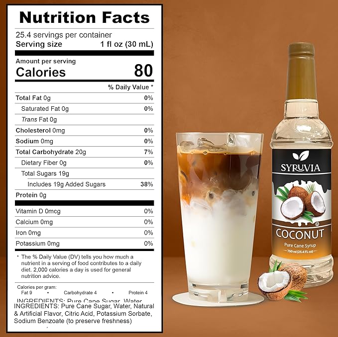 Syruvia Coffee Syrup, Coconut Flavored Syrup for Drinks, Lattes, and Desserts – 25.4 fl oz, With Pump