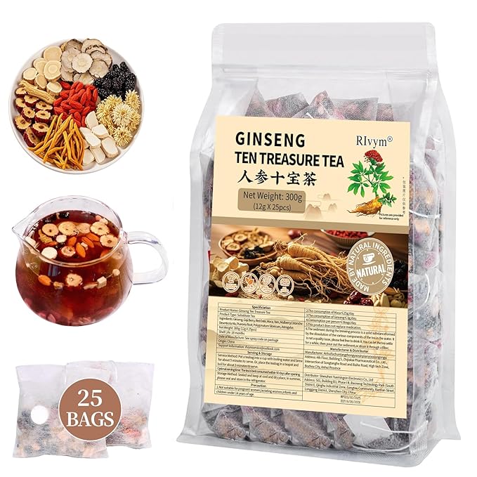 25Pcs Ginseng Ten Treasures Tea, Chinese Traditional Kidney Care Herbal Tea, Natural Kidney Cleanse Detox Tea for Women & Men, 10 Precious Ingredients Formula(25Bags, 300g)