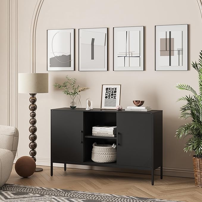 Metal Storage Cabinet,Metal Black TV Stand,Coffee Bar Buffet Cabinet Kitchen Sideboard Storage with Adjustable Shelves for Living Room Bedroom