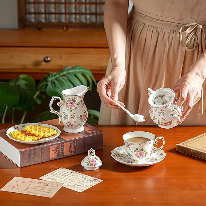 Tea Set 21-Piece Ceramic tea cups and saucers set of 6 with Sugar and Creamer Set,Teapot,teapot set for Adults, Women Tea Party (small crushed flower)