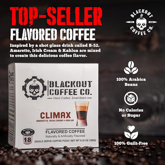 Blackout Coffee CLIMAX Amaretto, Irish Cream & Kahlua Flavored Coffee Pods – Premium Arabica, Smooth Taste, Guilt-Free Indulgence – 18 Count Single Serve Coffee pods