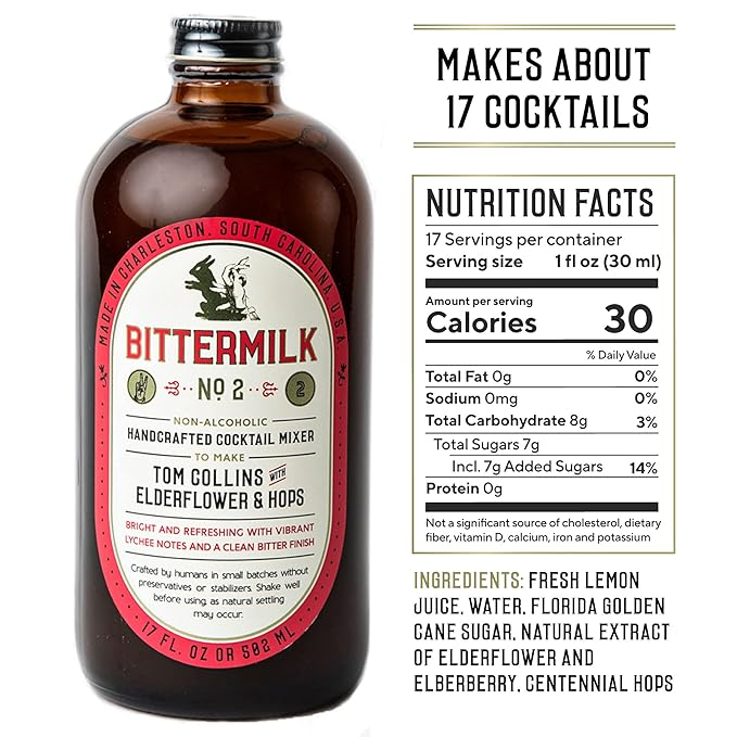 Bittermilk No.2 Tom Collins Mix with Elderflower & Hops, All Natural Handcrafted Non Alcoholoic Cocktail Mixer, Makes 17 Cocktails, 17oz