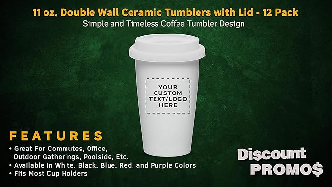 Personalized 11 oz. Double Wall Ceramic Tumblers with Lid - 12 Pack - Custom Text, Logo - White