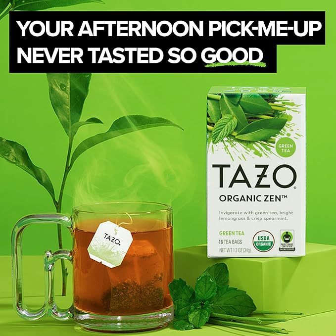 TAZO Organic Zen Green Tea Bags, Caffeine Free Tea with Refreshing Lemongrass & Spearmint, 96 Total Tea Bags (16ct - Pack of 6)