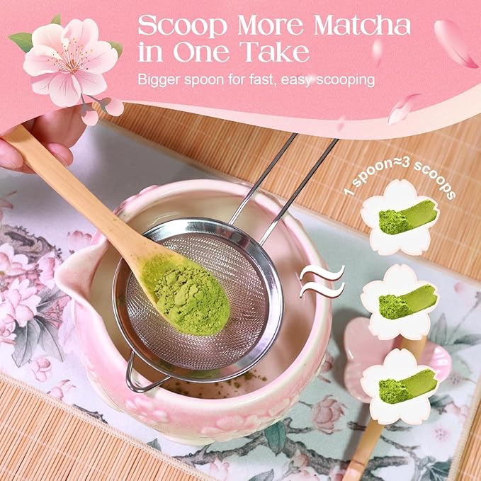 Matcha Whisk Set, 8 Pcs Matcha Kit Set With Pink Cherry Blossom Embossed Pattern Includes 18 OZ Bowl, Bamboo Whisk, Ceramic Holder, Bamboo Scoop x2, Scoop Rest, Stainless Sifter and Tea Towel