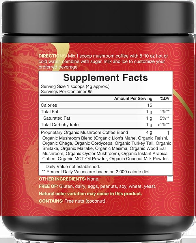 NatureBell Organic Mushroom Coffee with MCT Oil, 12oz (85 Servings) | 10-in-1 Adaptogenic Blend with Lion’s Mane, Reishi, Shiitake, Chaga & More | Instant Mix