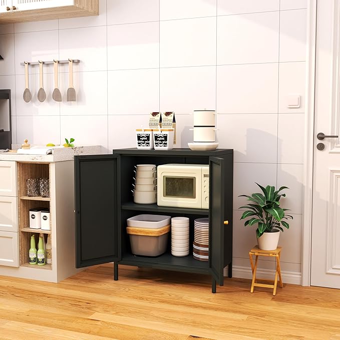 Small 2 Transparent Door Metal Storage Side Buffet Cabinet for Bed Room,Living Room,Entryway,Hallway,Home,Hotel,Office,Garage,Kitchen,1 Removable Shelf. (Square Door, Black)