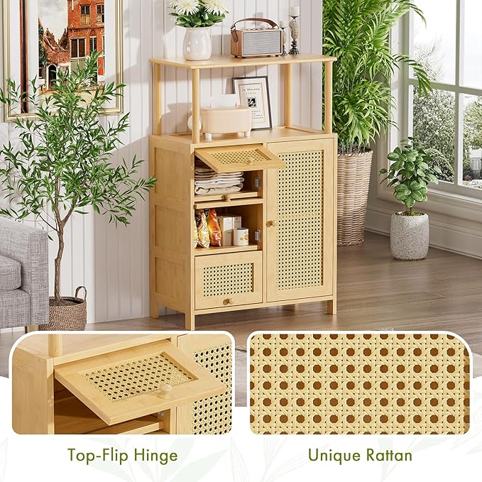 Amazer Sideboard Buffet Cabinet with Storage, Bamboo Storage Cabinets, Rattan Sideboard with Adjustable Shelf, Pantry Cupboard for Kitchen Living Room Entry Coffee Bar, Natural Color