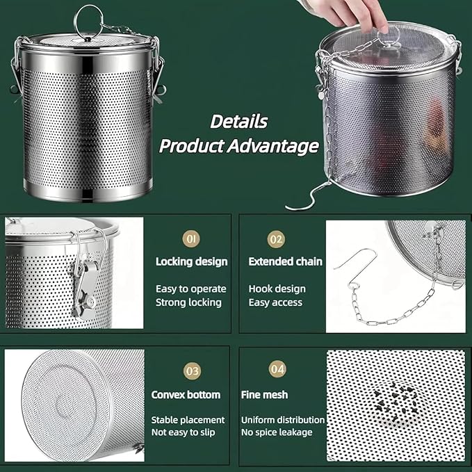 Stainless steel cylindrical seasoning filter, Multi purpose spice filter, Mesh Design Tea Ball Strainer Soup Seasonings Seperation Basket Filter with Chain Hook for Home Restaurant (14 * 14CM/2.154L)