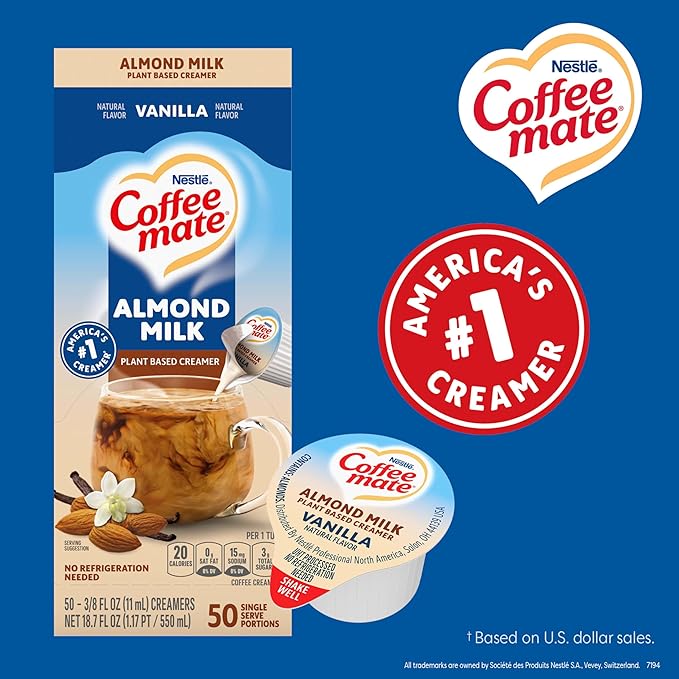 Nestle Coffee mate Coffee Creamer, Almond Milk, Liquid Creamer Singles, Plant-Based, Non Dairy, No Refrigeration, 0.375 fl oz Tubs (Pack of 200)