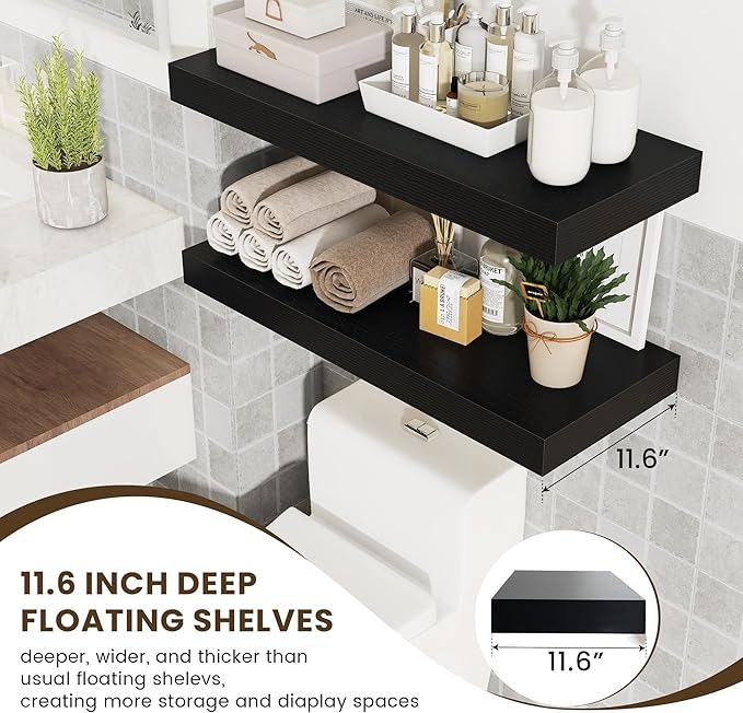 30 Inch Floating Shelves | 12 Inch Deep Black Floating Shelves Set of 2 | 30" W x 12" D Rustic Wood Shelves for Wall | Deep Black Shelves for Living Room Bathroom Laundry Room Kitchen