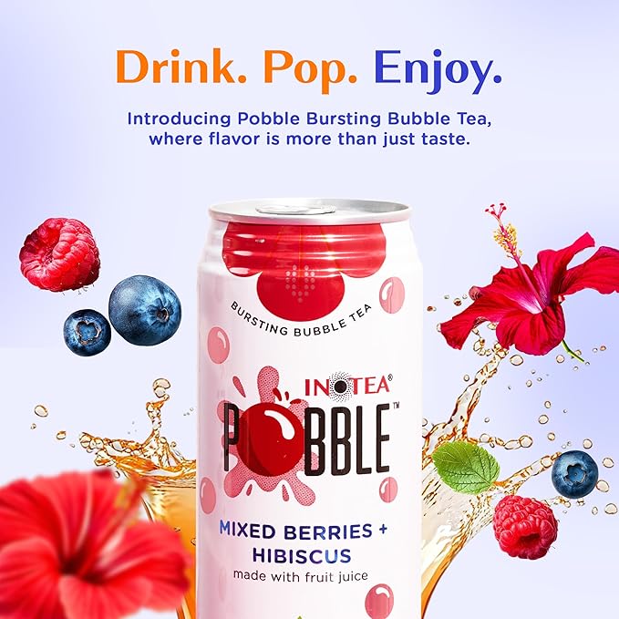 Inotea Pobble Bursting Bubble Tea - Refreshing Taiwanese Canned Boba with Popping Pearls - Ready-to-Drink Boba Tea - Enjoy Real Boba Without the Long Lines - Mixed Berries + Hibiscus - 12 pack