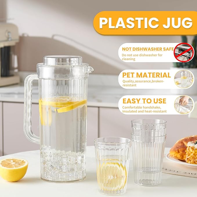 Blue Boat Plastic Picther (64oz) with 6 water cups, Clear Water Pitcher with Lid, Fridge Jug, BPA-Free, Shatter-Proof,BPA-Free, Great for Both Iced and Hot Drinks, Indoors and Outdoors