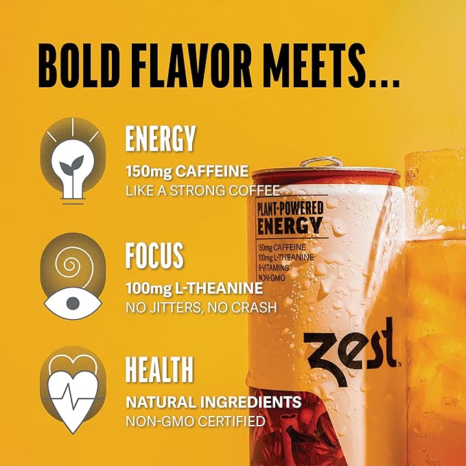 Zest Clean Energy Drink – Sweet Chai Infusion – 150mg Caffeine + 100mg L-Theanine – Natural Focus & Concentration Boost – Healthy Energy Drink 12oz Can 12 Pack – Low Sugar, No Artificial Sweeteners