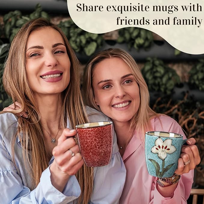 Maxdot 4 Pcs 12oz Ceramic Coffee Mugs Sets Glazing Process Cappuccino Mug Floral Ceramic Tea Cups Christmas Housewarming Idea Gift for Women Porcelain Cup for Coffee, Cocoa, Tea, Latte (Classic)