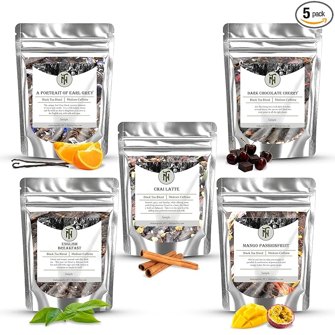 Nelson's Tea Favorites Sampler Pack - Loose Leaf Tea Sampler - A Portrait of Earl Grey, Chai Latte, Dark Chocolate Cherry, English Breakfast, Mango Passionfruit (Sample Sizes)