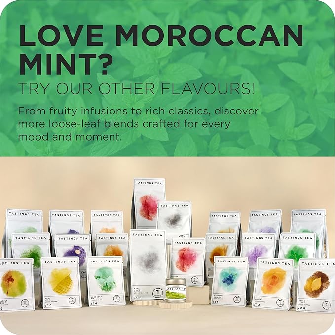 Tastings Tea Moroccan Mint Loose Leaf, 2 oz | Chinese Green Tea & Peppermint Blend | Light Caffeine | Crisp & Refreshing for Natural Digestion | Small Batch & Sustainably Sourced | Resealable Pouch