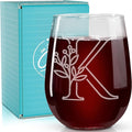 On The Rox Drinks Monogrammed Gifts For Women and Men - Letter A-Z Initial Engraved Monogram Stemless Wine Glass - 17 Oz Personalized Wine Gifts For Women and Men (K)