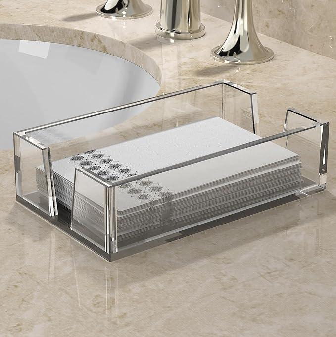 Acrylic Guest Towel Holder Tray for Bathroom – Napkin Holder for Disposable Paper Towels, Hand Towel Organizer for Vanity or Bathroom, Clear Bathroom Accessory, 8.7 x 5.2 x 2.5 Inch Size