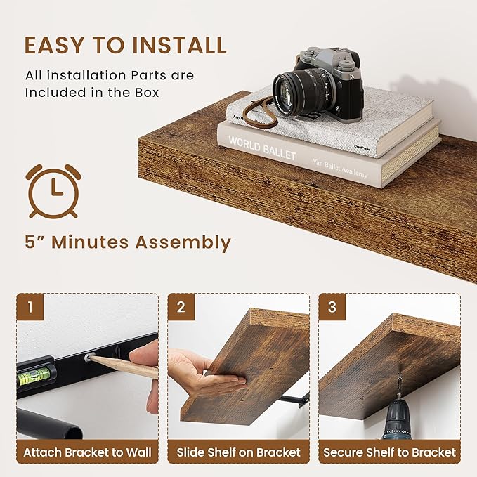 fuqing Floating Shelves for Wall, Wall Mounted Wood Floating Shelf with Invisible Brackets for Living Room, Bathroom, Bedroom, Kitchen Storage and Decor, 30 Inch Set of 2, Rustic Brown