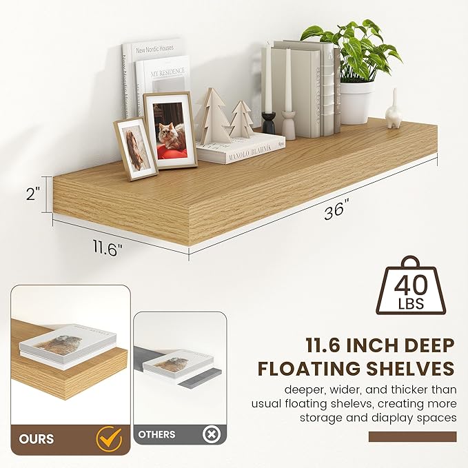12 Inch Deep Floating Shelves | 36 Inch Oak Floating Shelves | 36" W x 12" D Rustic Wood Shelves for Wall | Deep Oak Shelves for Living Room Bathroom Laundry Room Kitchen