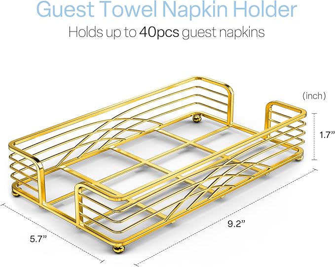 Gold Guest Towel Holder Tray for Bathroom – Countertop Napkin Organizer for Disposable Paper Towels, Elegant Hand Towel Rack for Powder Room, Modern Guest Bathroom Accessories