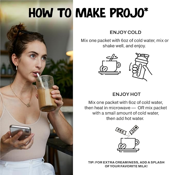 Projo* Power Coffee – Instant Coffee with 10g Protein - Grass-Fed Hydrolyzed Bovine Collagen & 225mg Caffeine – Organic, Unsweetened, Medium Roast – Bold Black – 12 Single-Serve Packets