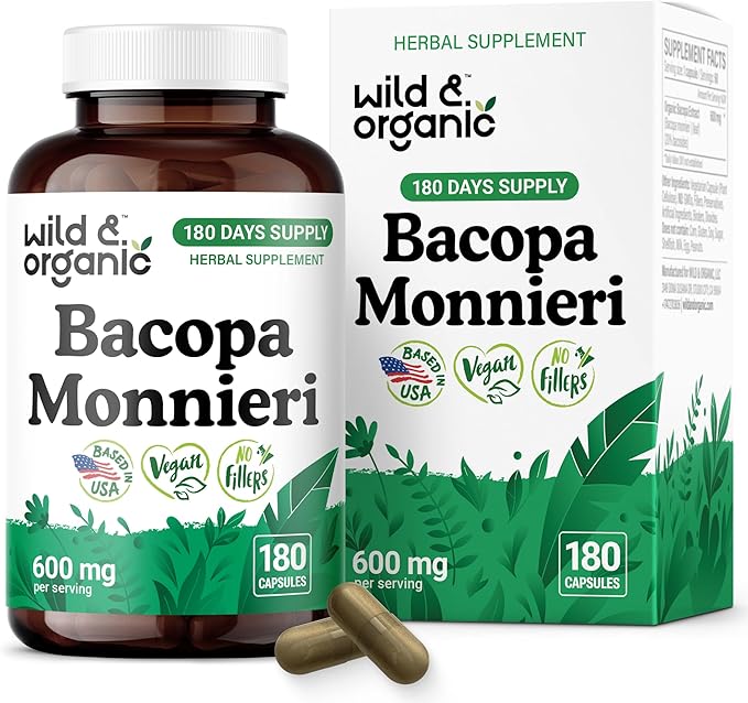 Wild & Organic Bacopa Monnieri Capsules 600 mg - Brain Support - Natural Bacopa Supplements - Brahmi Capsules - 180 Days of Supply - Vegan, No Fillers, Non-GMO - 180 Count