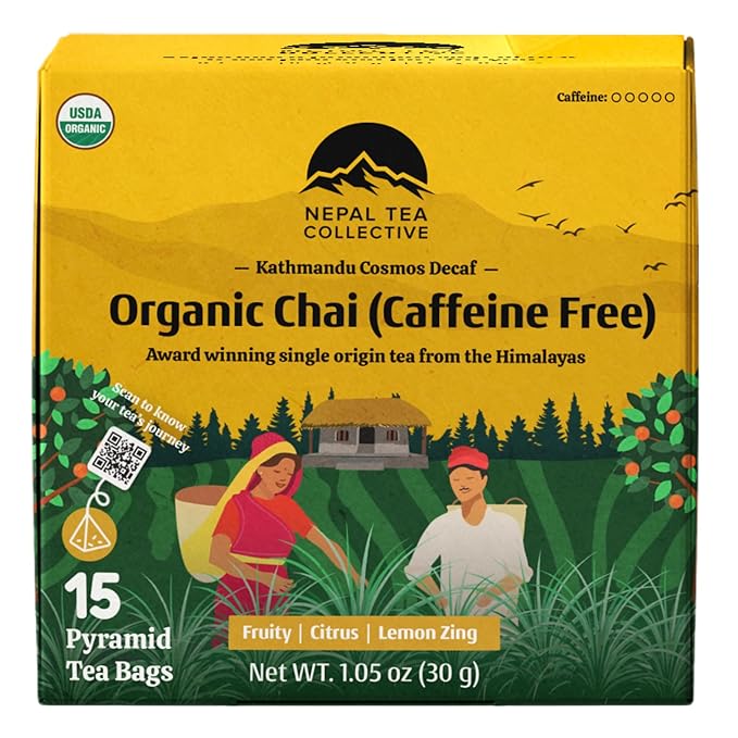 NEPAL TEA Organic Herbal Chai Tea Bags from the Himalayas - 15 Pyramid Tea Bags, Single Origin Chai Tea from a Family Farm - Caffeine Free Tea Bags with Loose Leaf Tea Inside (Kathmandu Cosmos)