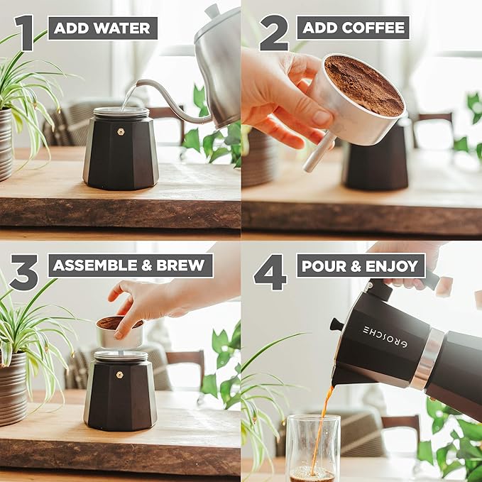 GROSCHE Milano Moka pot, Stovetop Espresso maker, Greca Coffee Maker, Stovetop coffee maker and espresso maker percolator (Black, 12 cup)