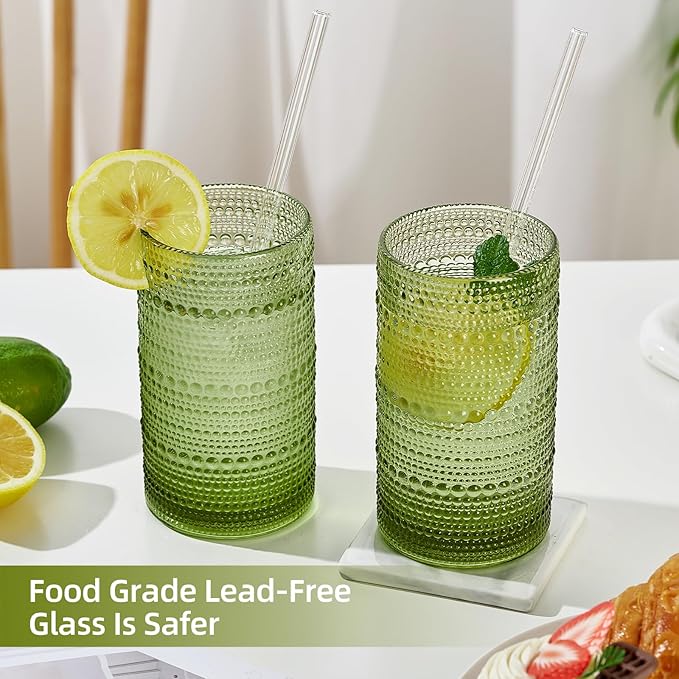 16oz Hobnail Drinking Glasses Set of 6, Vintage Large Capacity Embossed Green Tumblers, Highball Glasses for Water, Cocktail, Beer, Whiskey, Juice & Bar Use