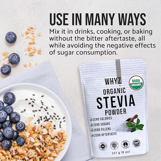 WHYZ Organic Stevia Powder, 1621 Servings, Premium Zero Calorie Sweetener - Powdered Pure Stevia Extract, Natural Sweetener Powder for Baking - No Aftertaste, Non-GMO, Keto Friendly- 8 oz