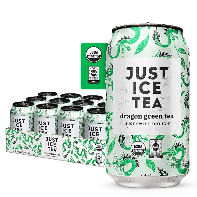 Just Ice Tea, Dragon Green Iced Tea, 12-Pack (12oz Cans), Green Tea, USDA Certified Organic, Real Brewed, Low Calorie, No Artificial Sweeteners, Fair Trade, Made in USA.